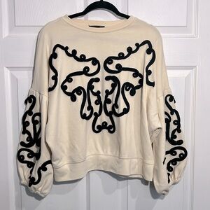 Zara Women’s Cream Sweater with black embroidered designs - Size Small